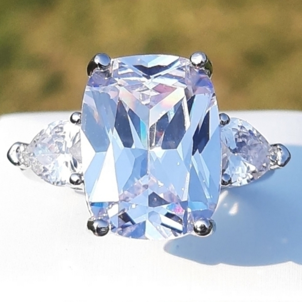 Rectangular Cushion Cut Sterling Silver Diamond Ring NEW